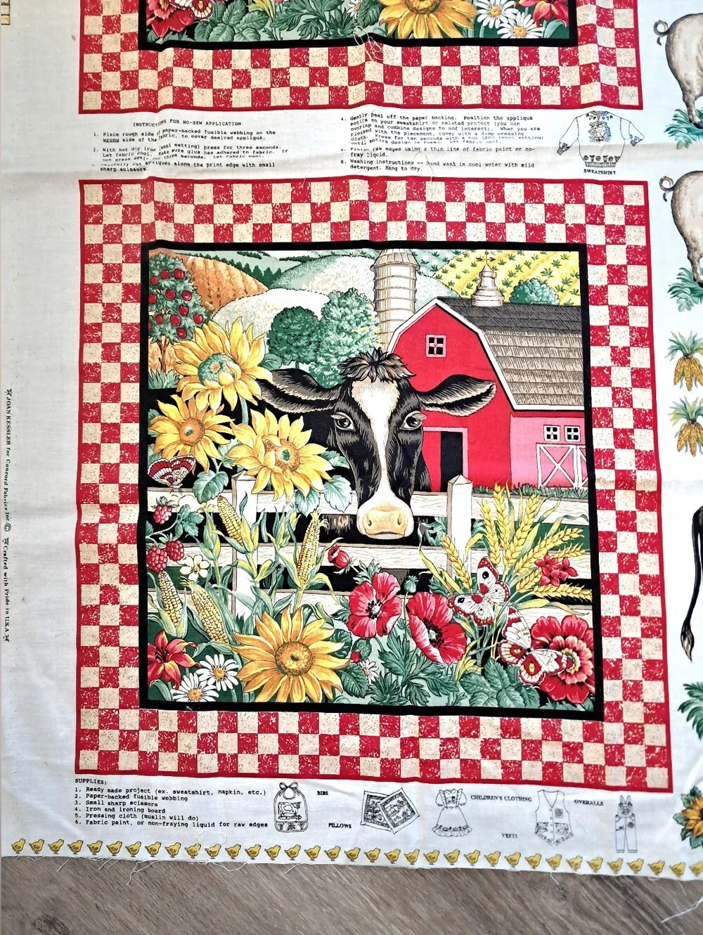 Vintage Fabric Panel & Matching Scraps American Homestead Applique Farm Cow Pigs